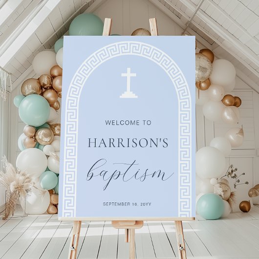 Arc clé grecque Affiche de bienvenue Baptême bleu