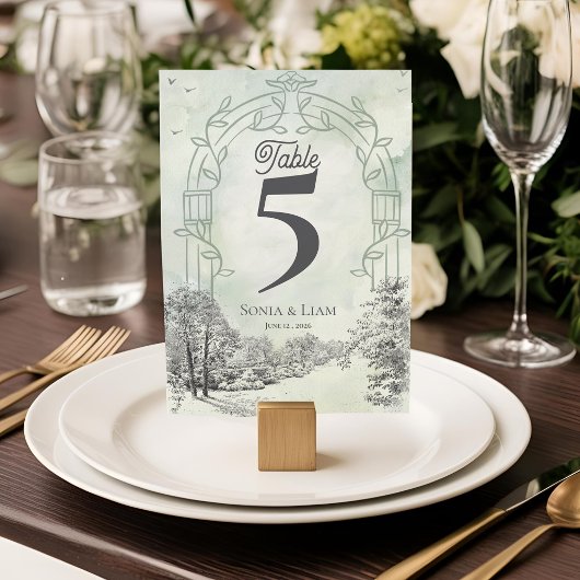 Arc de jardin vert sauge numéro de table de mariag