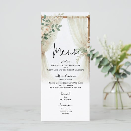 Arc en bois fleuri Vert Rose Menu Mariage (Debout devant)