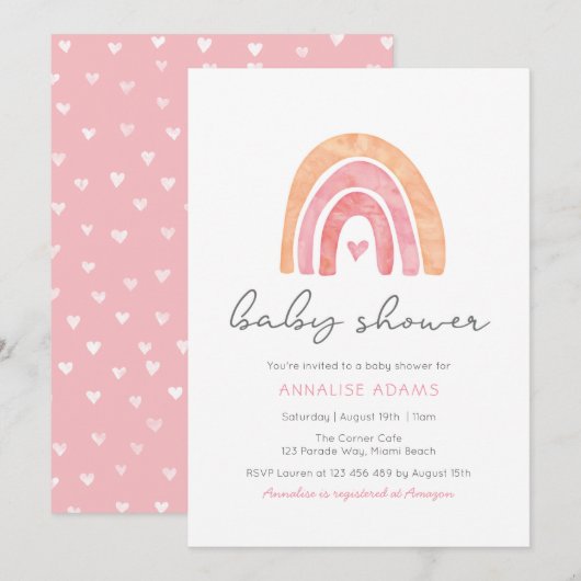 Arc en ciel et coeurs Invitation Baby shower rose (Devant / Derrière)