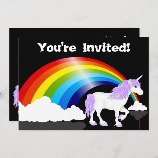 Arc-en-ciel, nuages et licorne Invitation d'annive (Devant / Derrière)