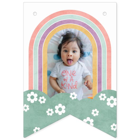 Arc-en-ciel rétro et marguerites bannière d'annive (Premier drapeau)