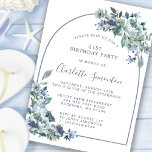 Arc floral bleu Dusty 21e anniversaire Invitation<br><div class="desc">Une pivoine bleue poussiéreuse et des fleurs sauvages décorent une jolie arche sur cette invitation à la fête d'anniversaire. La calligraphie moderne ajoute au Boho Vibe.</div>