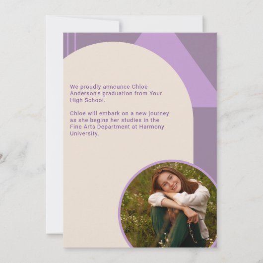 Arc rétro violet 2 photo Faire-part de graduation (Dos)