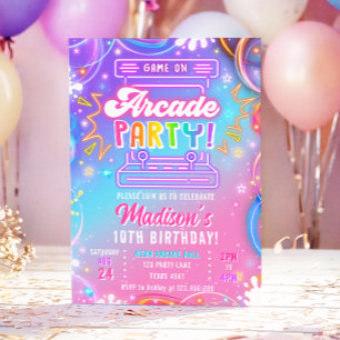 Arcade Feest Spelhal Neon Glow Meisje Verjaardag Kaart