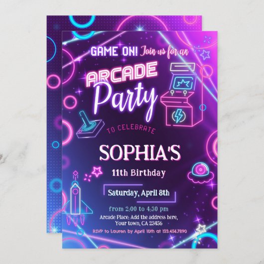 Arcade Neon Glow verjaardagsfeestje Kaart (Voorkant / Achterkant)