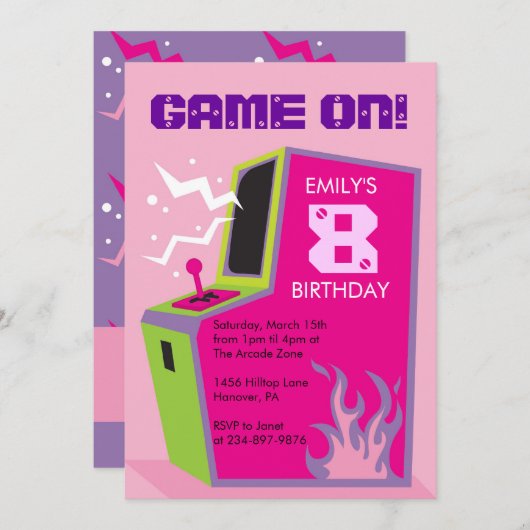 Arcade Video Game Invitations de fête d'anniversai (Devant / Derrière)