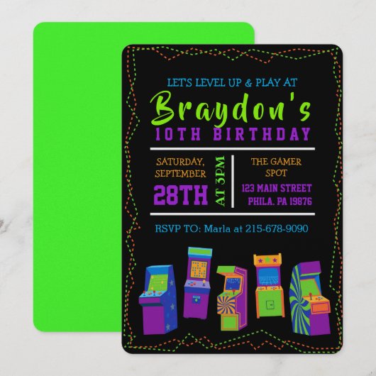 ARCADE VIDÉO JEU JEUX Anniversaire Fête Invitation (Devant / Derrière)