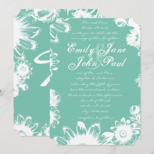 Arcadia Mint Vintage Floral Wedding Invitations (Devant / Derrière)