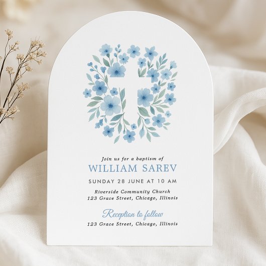 Arch Blue Floral Cross Boy Baptism Invitation