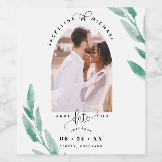 Arch Foto, Groene bladeren Bruiloft Save the Date Wijn Etiket (Enkel label)