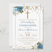 Arch Gold Dusky Blue Floral First Heilige Communie Kaart (Voorkant)