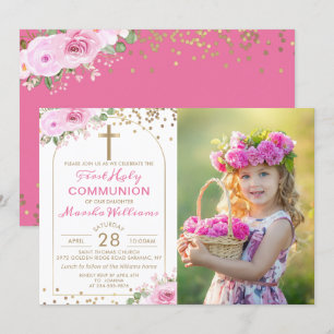 Arch Gold Pink Floral First Heilige Communfoto Kaart