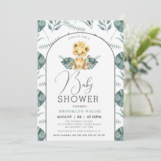 Arch Green Foliage Lion Baby shower Kaart (Staand voorkant)