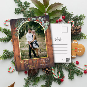 Arch Greenery Merry kerstfoto Cherry Wood Folie Feestdagen Briefkaart