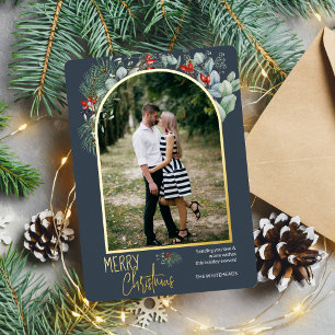 Arch Greenery Merry kerstfoto Dusty Blue Folie Feestdagenkaart