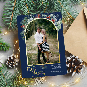 Arch Greenery Merry kerstfoto Navy Blue Folie Feestdagenkaart