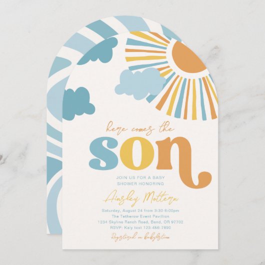 Arch Here Comes The Son Baby shower Invitation Kaart (Voorkant / Achterkant)