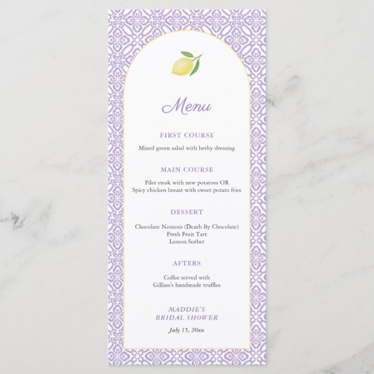 Arch Lemons Lavender Bridal Shower Party Menu (Voorkant)