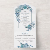 Arch met blauwgroen, waterblauwe bloemen, bladeren all in one uitnodiging (Binnen)
