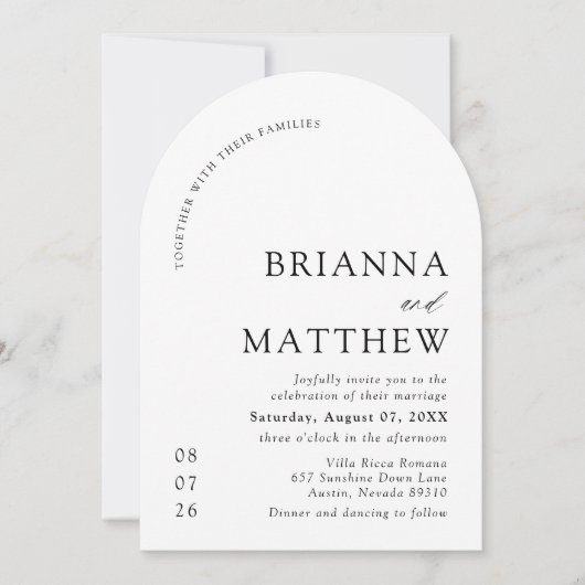 Arch Modern Zwart-wit minimalistische bruiloft Kaart (Voorkant)