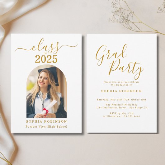 Arch Photo Elegant Gold Script Afstudeerfeest Kaart