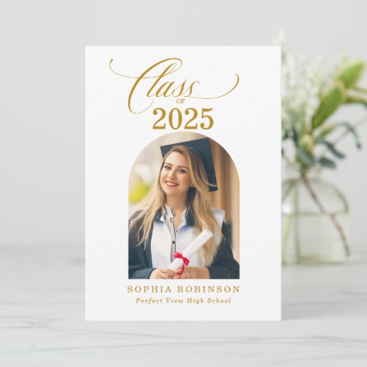 Arch Photo Elegant Gold Script Afstudeerfeest Kaart (Staand voorkant)