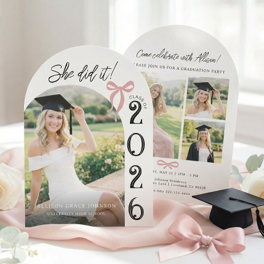 Arch Photo Pink Bow Graduation Party Invitation