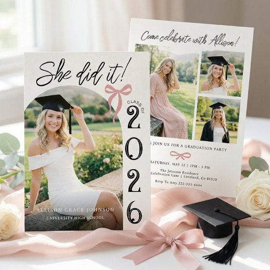 Arch Pink Bow Photo Graduation Party Invitation