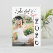 Arch Pink Bow Photo Graduation Party Invitation (Debout devant)