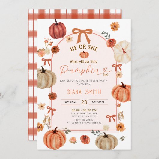 Arch Ribbon Bow Little Pumpkin Geslacht Reveal Kaart (Voorkant / Achterkant)