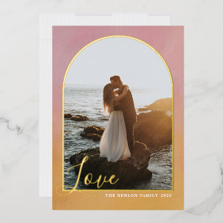 Arch Script Love Painted Pink Gold Vertical Real Folie Feestdagenkaart