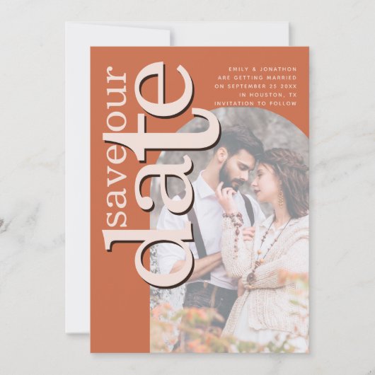 Arch Typography Photo Overlay Terracotta Save The Date (Voorkant)