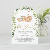 Arched Blue Bow Oh Deer Baby shower Invitation Kaart (Staand voorkant)