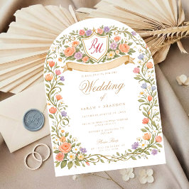 Arched Floral Wedding Monogram, Romantic Garden Kaart
