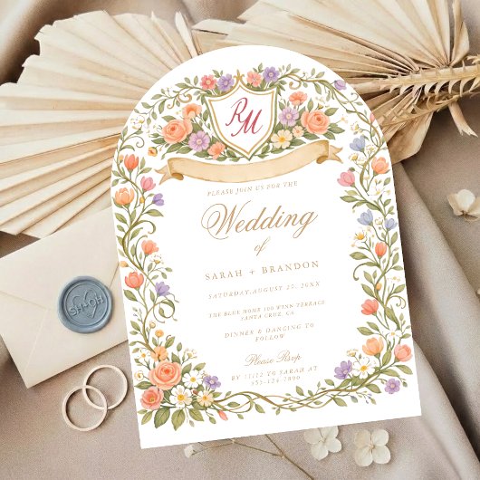 Arched Floral Wedding Monogram, Romantic Garden Kaart