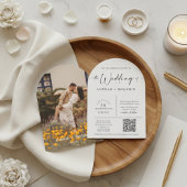 Arched Modern Minimal Script Wedding QR Code Foto Kaart