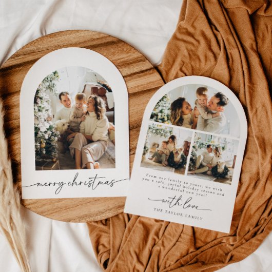 Arched Modern Script Foto Familie Kerstmis Kaart