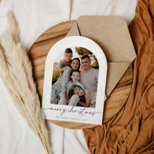 Arched Modern Script Foto Familie Kerstmis Kaart