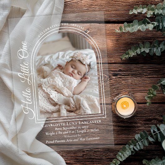 Arched Photo Elegant Script Birth Announcement Acryl Uitnodigingen