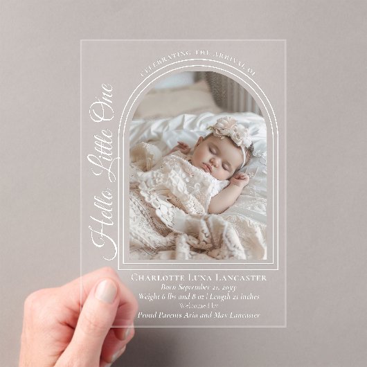 Arched Photo Elegant Script Birth Announcement Acryl Uitnodigingen (Insitu (Draagbaar))