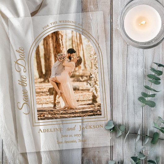 Arched Photo Elegant Script Save the Date Acryl Uitnodigingen