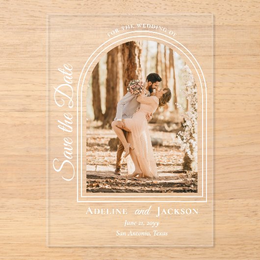 Arched Photo Elegant Script Save the Date Acryl Uitnodigingen (Voorkant)