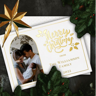 Arched Photo Merry Kerstmis en Holly op White Folie Feestdagenkaart
