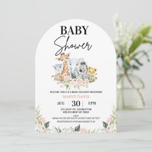 Arched Pink Floral Safari Animals Baby shower Kaart