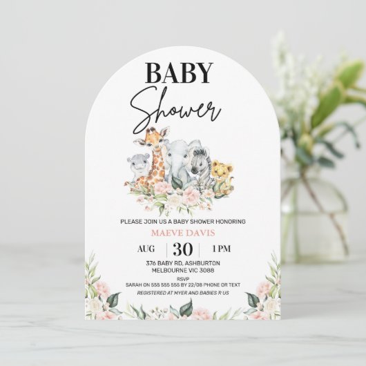 Arched Pink Floral Safari Animals Baby shower Kaart (Staand voorkant)