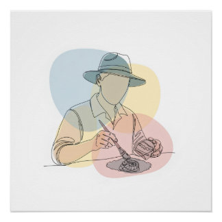 Archeoloog one line art continu eenvoudig perfect poster