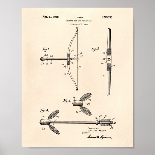Archery Bow 1929 Patent Art Old Peper Poster (Voorkant)