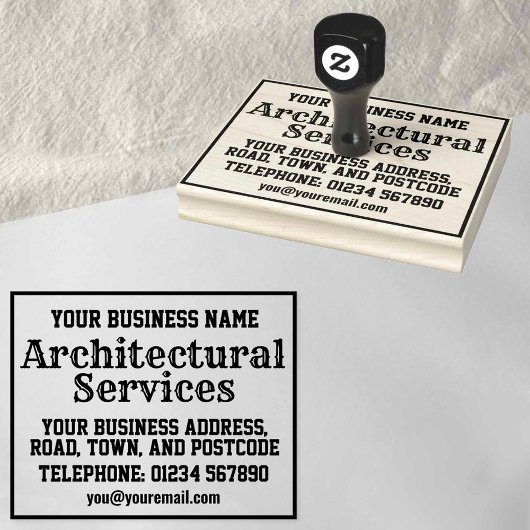 Architectonische diensten met naam, adres, enz. 	rubberstempel