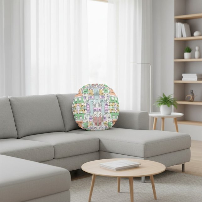 Architectural Blueprint Pattern Throw Pillow Rond Kussen (Creator heeft geüpload)